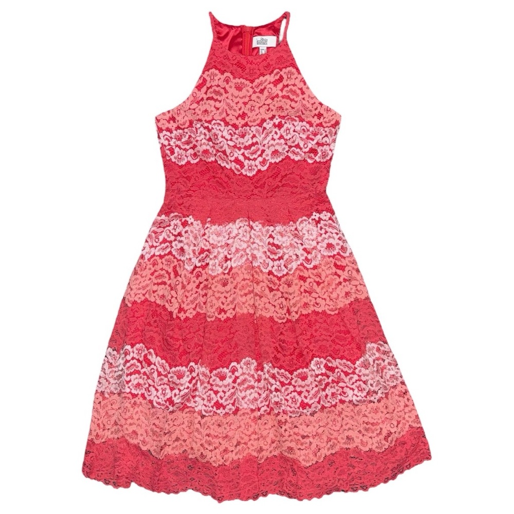 Belle Badgley Mischka Peggy Lace Halter Midi Dress Women’s Size 6 Coral Pink
